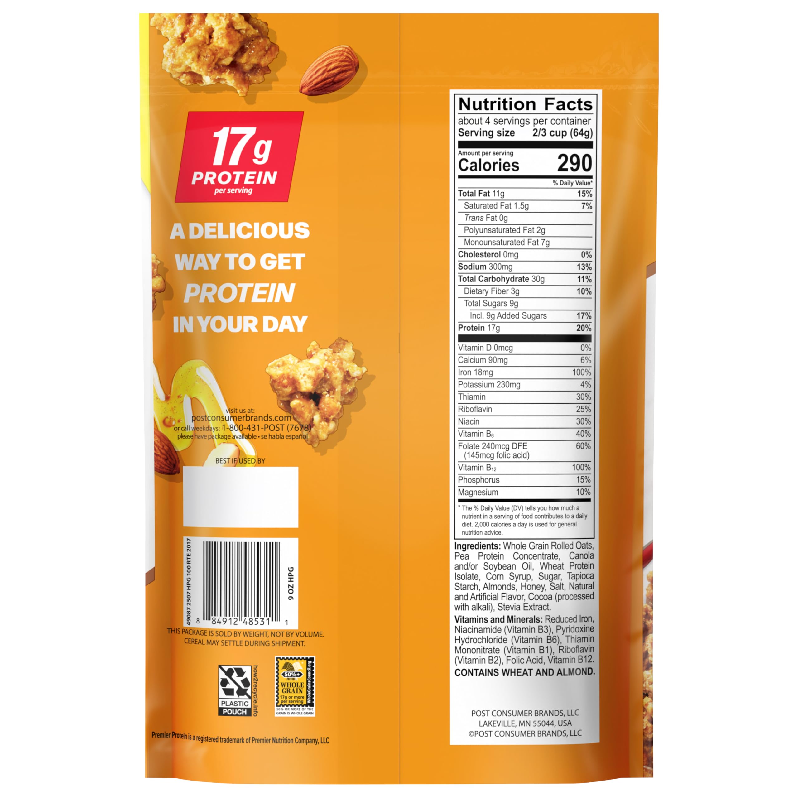 Premier Protein Honey Almond Granola serving bowl with visible clusters.