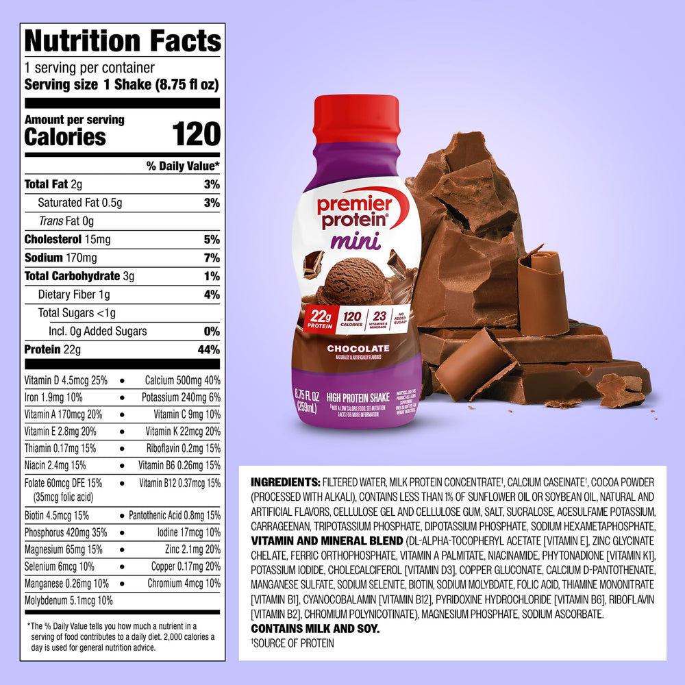 Premier Protein Minis vanilla bottle highlighting low sugar and fullness
