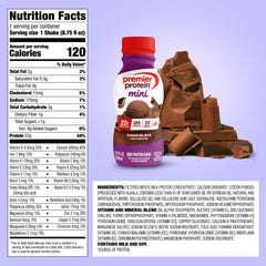 Premier Protein Minis vanilla bottle highlighting low sugar and fullness