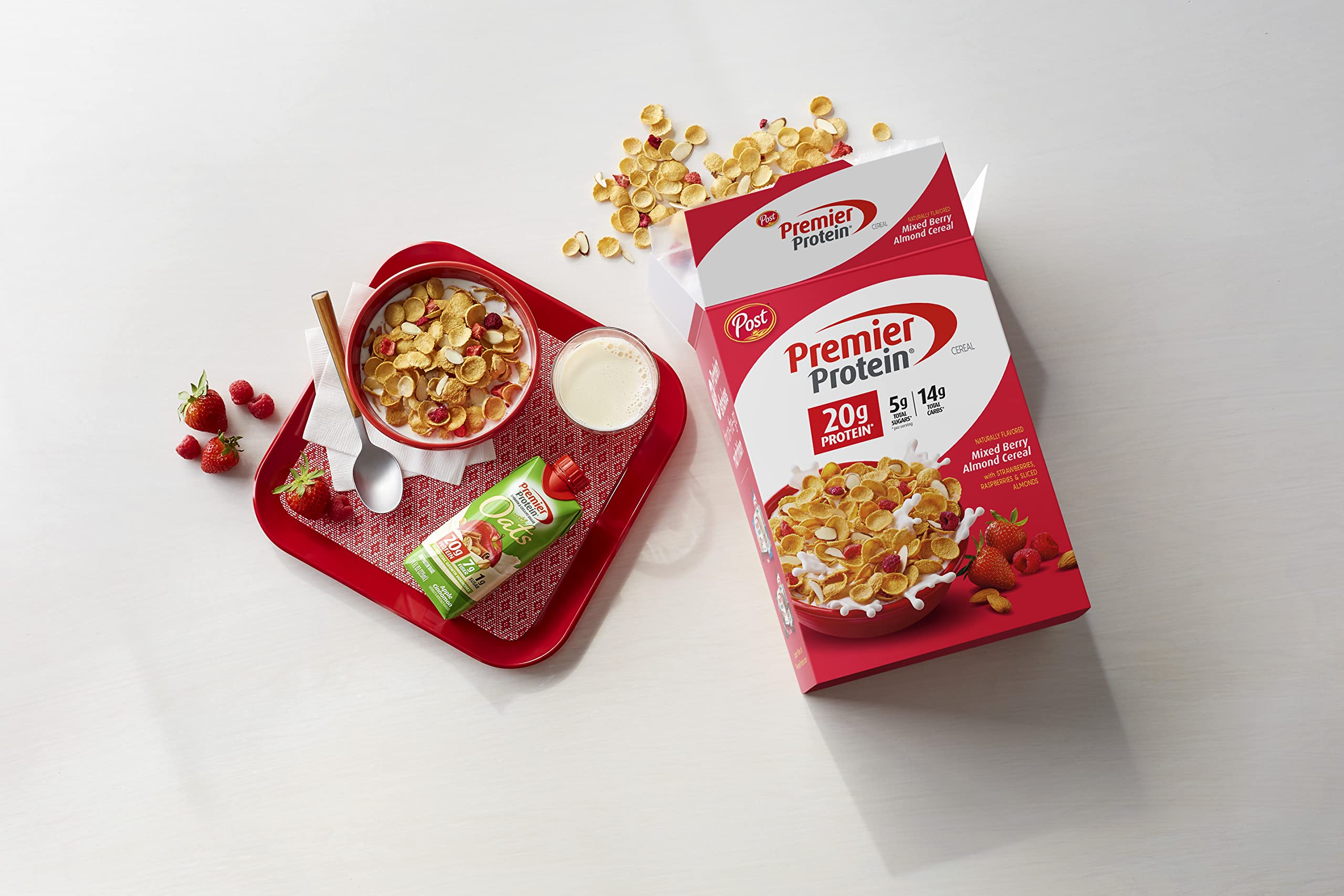 Premier Protein cereal bowl shows almond flakes and berry mix for a satisfying crunch.