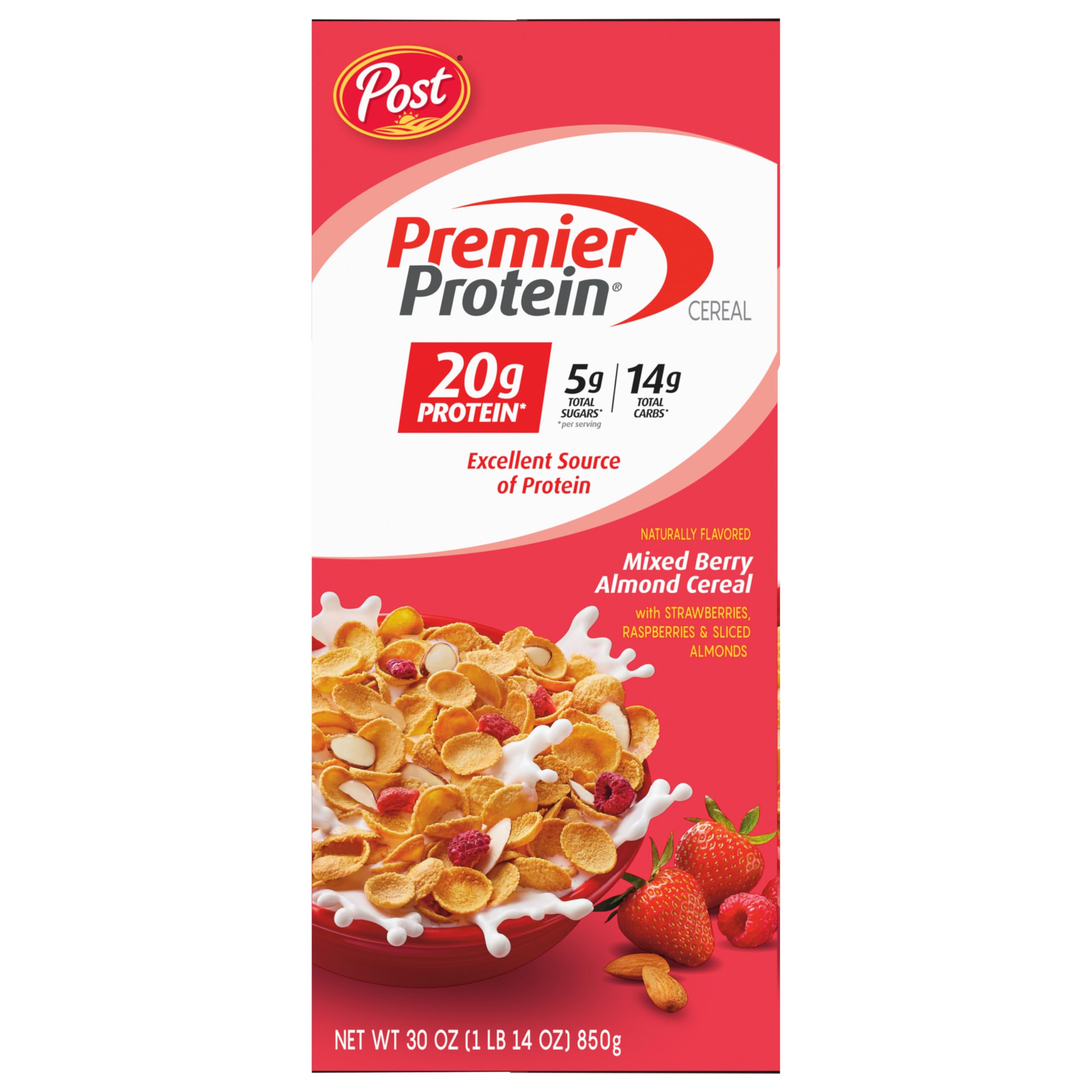 Premier Protein Mixed Berry Almond cereal in a bowl beside a glass of milk.