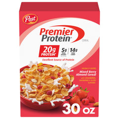 Premier Protein Mixed Berry Almond cereal bowl with milk for a protein-powered breakfast.