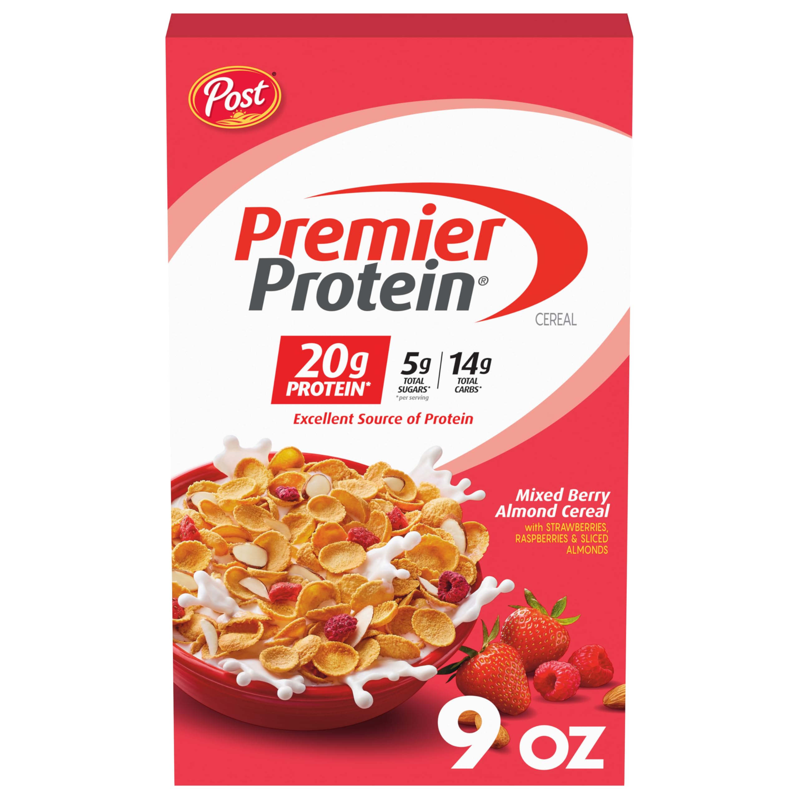 Premier Protein Mixed Berry Almond Cereal box for a high-protein breakfast.