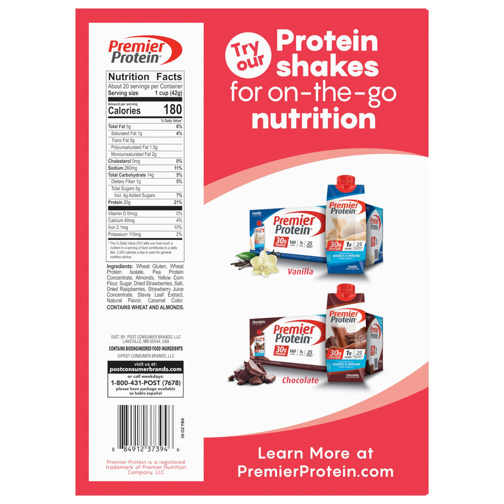 Premier Protein cereal features real strawberries and raspberries in the mix.