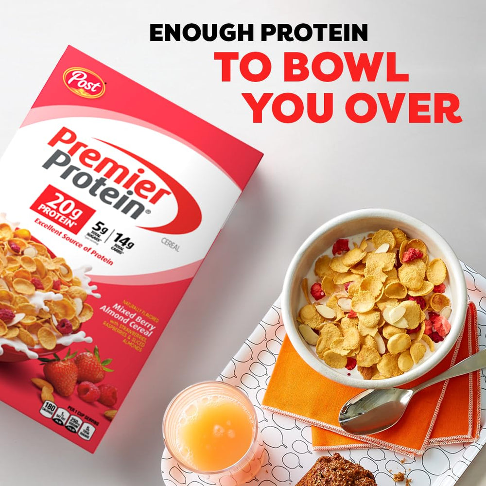Pouring Premier Protein Mixed Berry Almond Cereal into a bowl.
