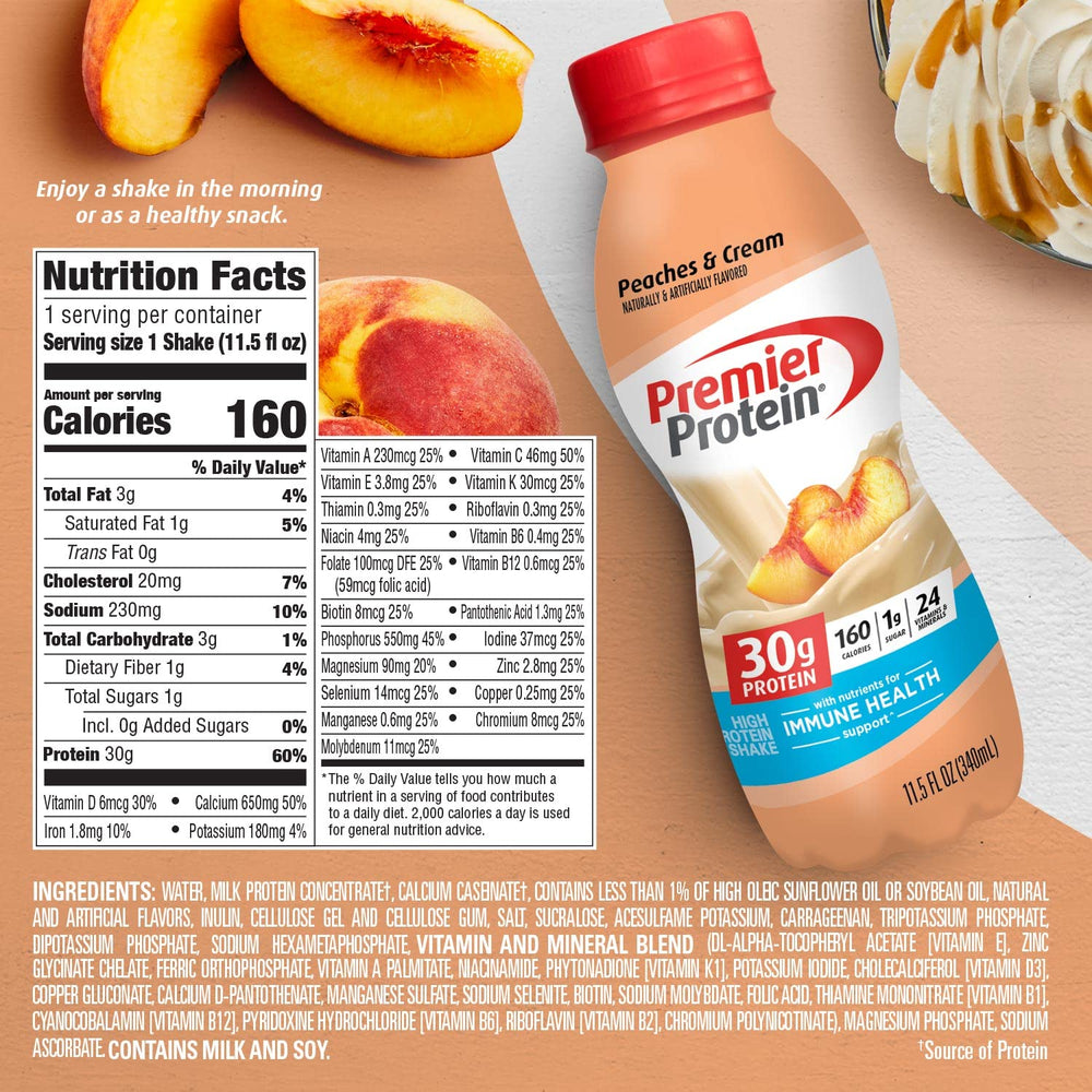 Premier Protein Peaches and Cream 12-pack box ready for daily nutrition