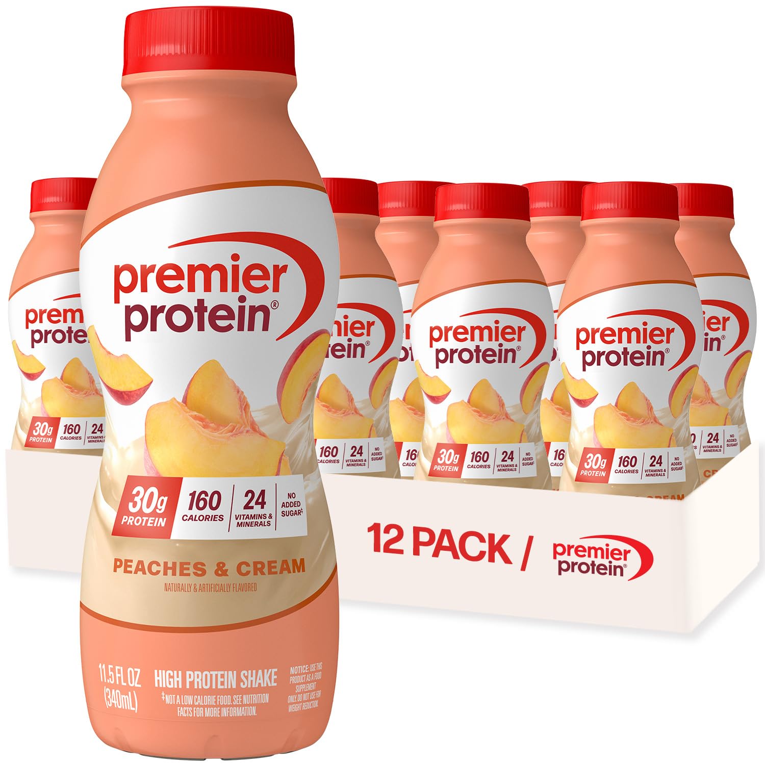 Premier Protein Peaches and Cream bottle poured for a quick on-the-go protein