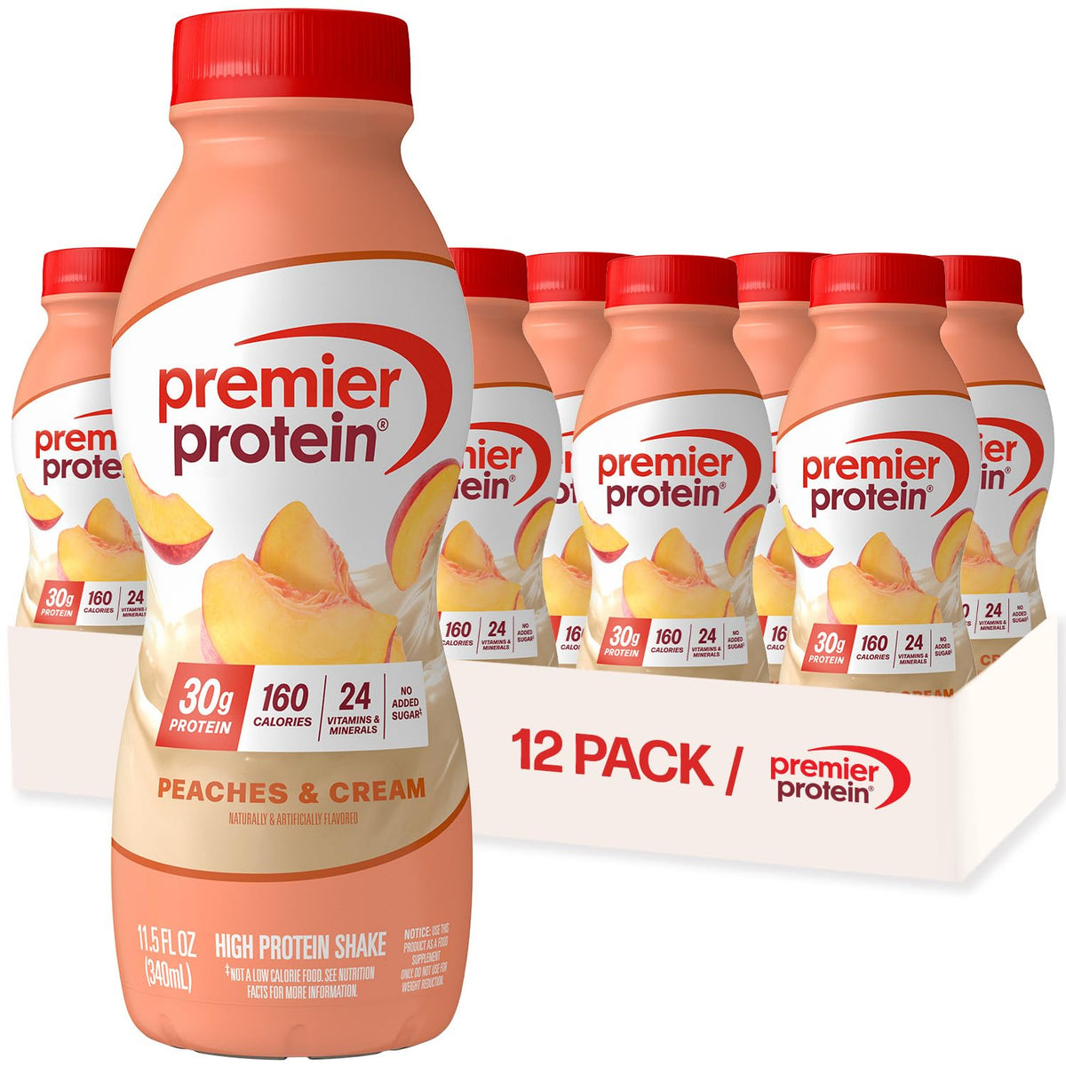 Premier Protein Peaches and Cream bottle poured for a quick on-the-go protein