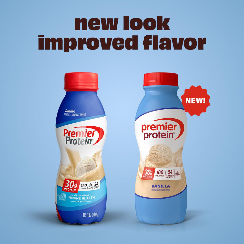Premier Protein Peaches and Cream shake in a glass for post-workout recovery