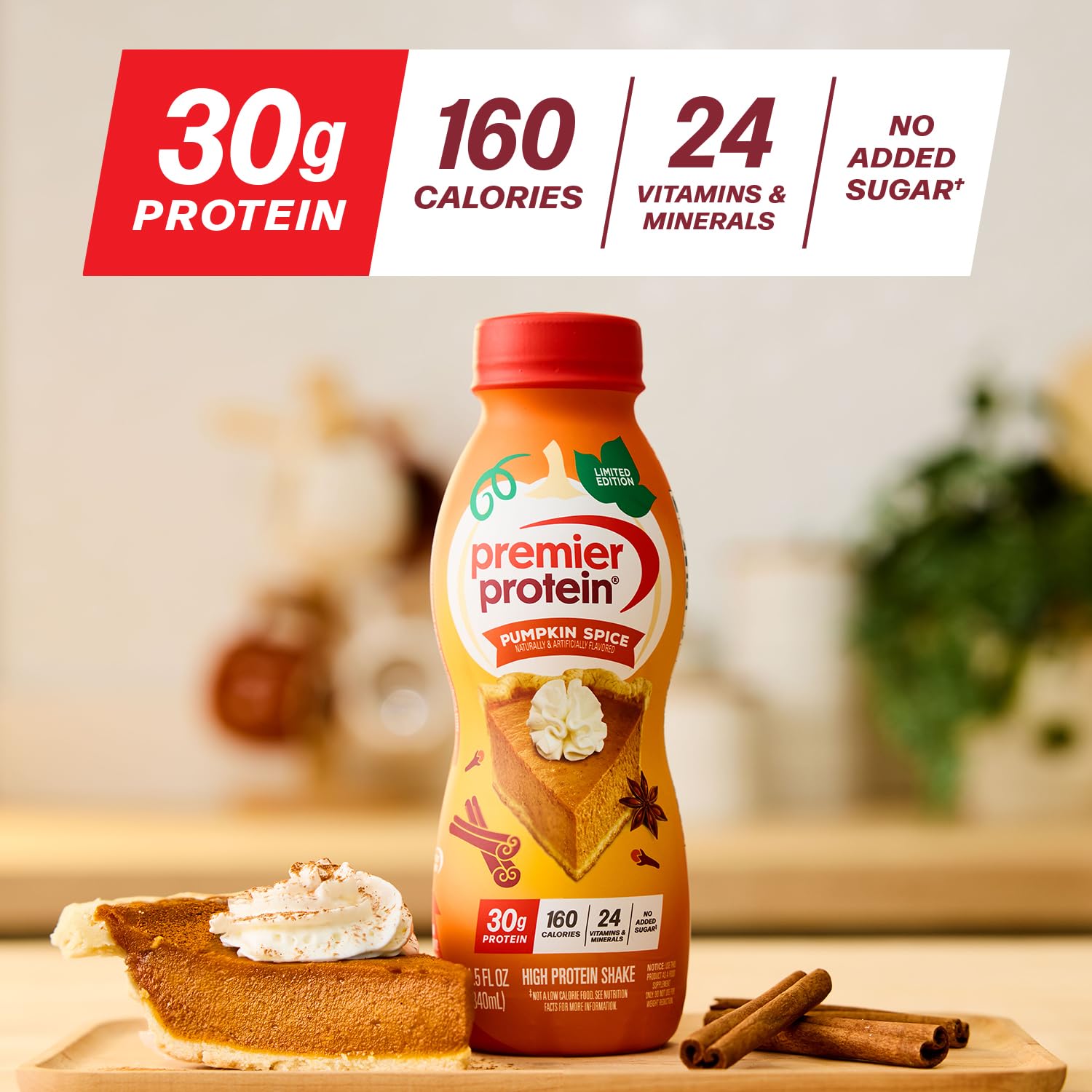 Premier Protein Pumpkin Spice in a blender as a creamy smoothie base