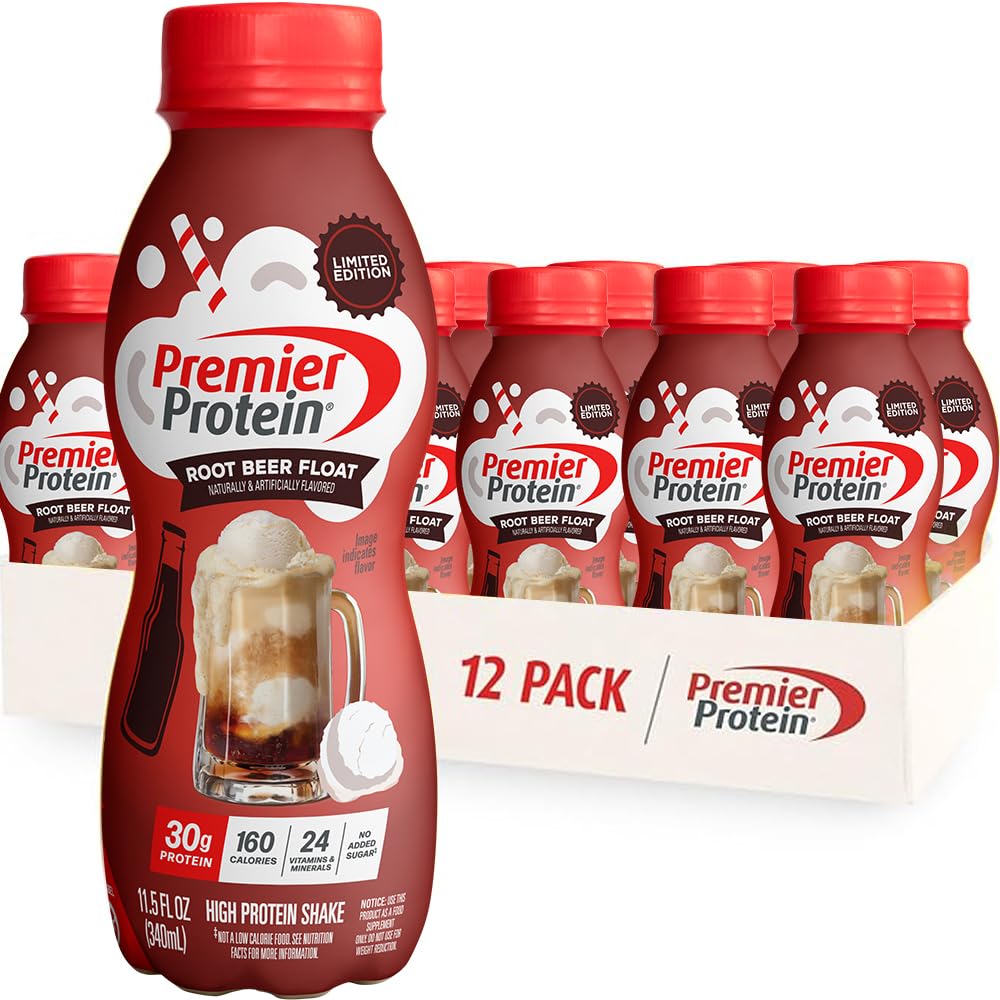 Premier Protein Root Beer Float bottle showing 30 g protein and 1 g sugar.