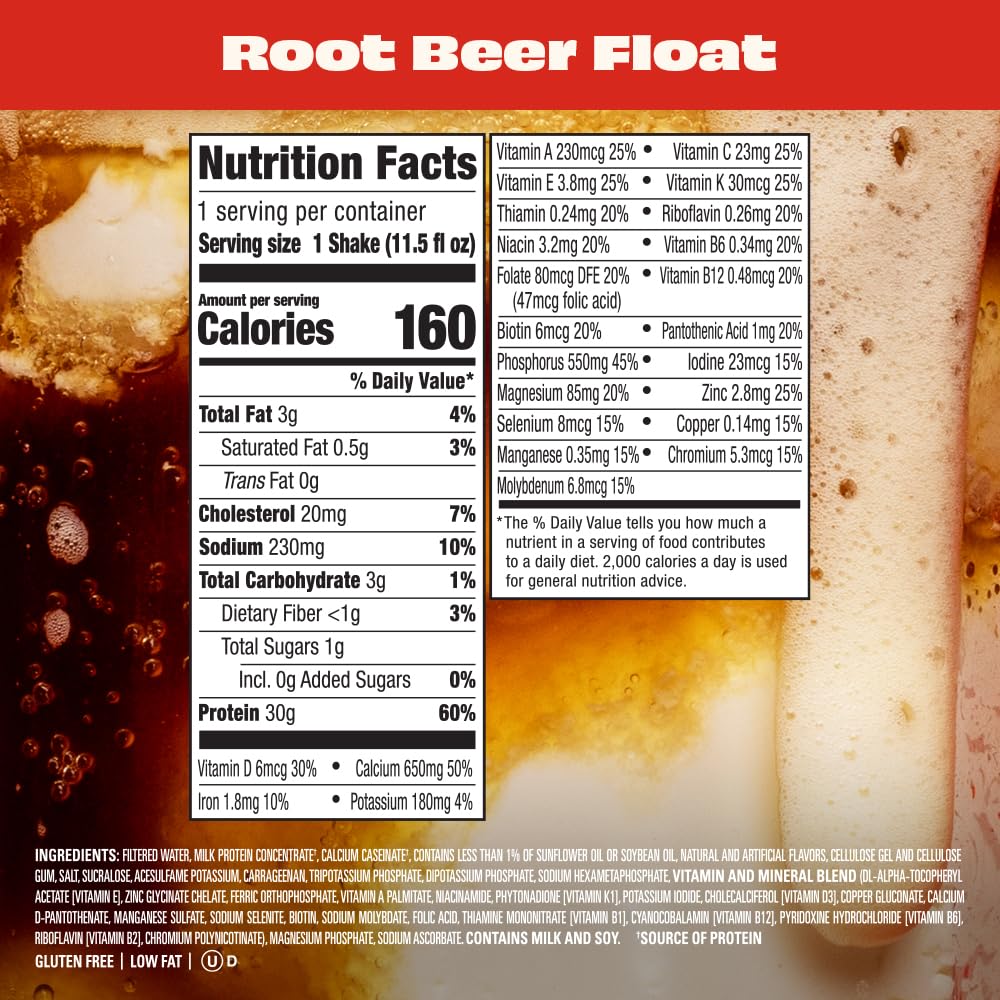 Nutrition label for Premier Protein Root Beer Float shows 24 vitamins and minerals.
