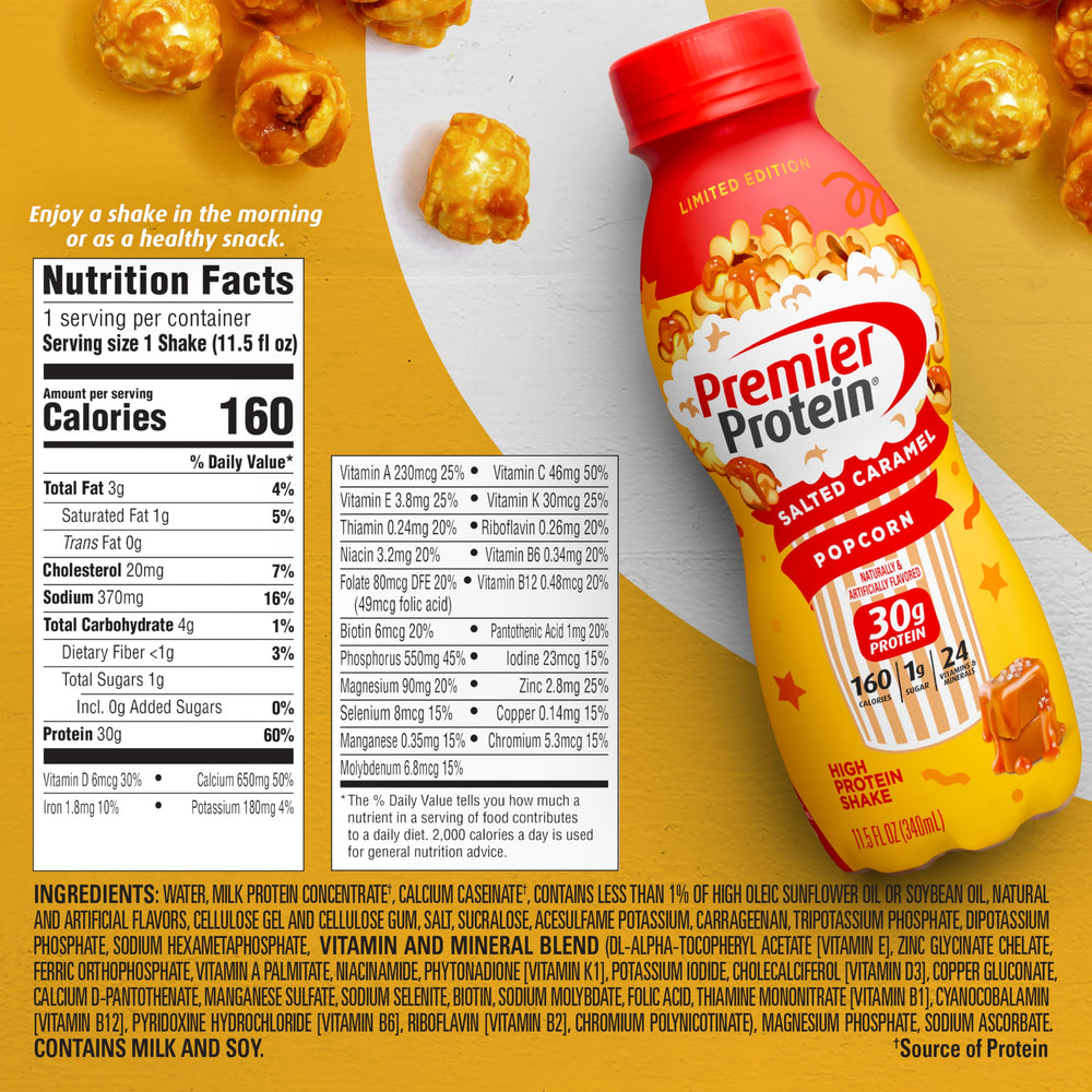 Pour-ready Premier Protein Salted Caramel Popcorn shake in a glass