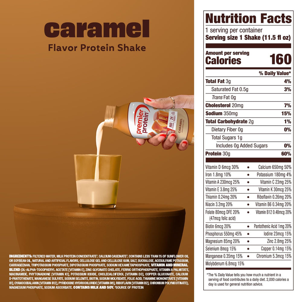 Premier Protein Shake Caramel highlighting 24 vitamins and minerals for daily nourishment.