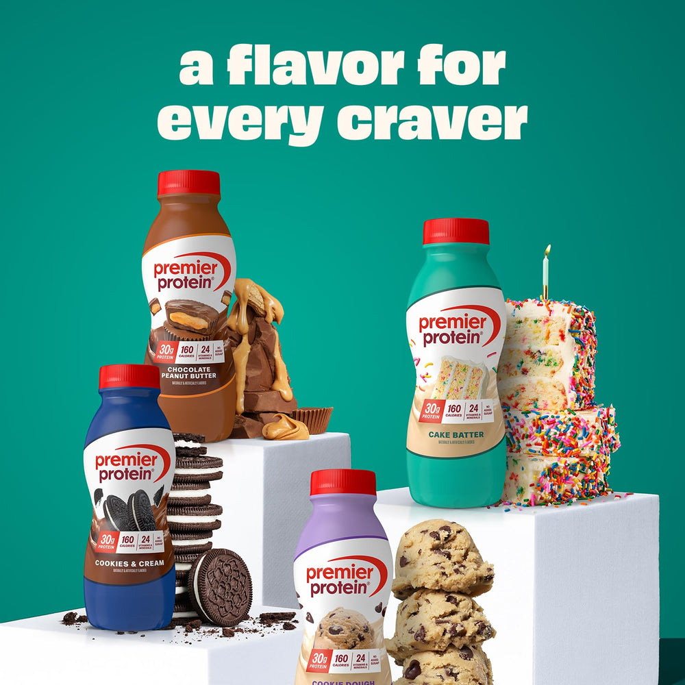 Premier Protein Shake Cake Batter 12-pack display shows convenient bulk option