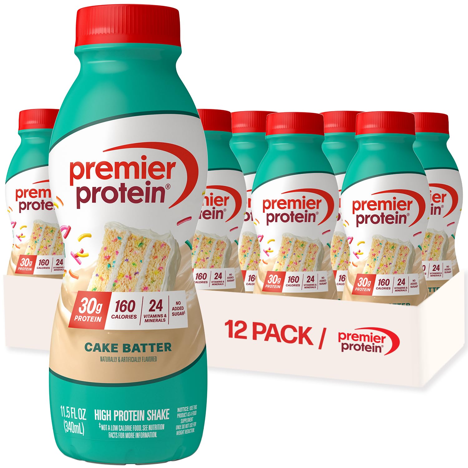 Premier Protein Shake Cake Batter bottle shows a protein-packed serving for on-the-go fueling