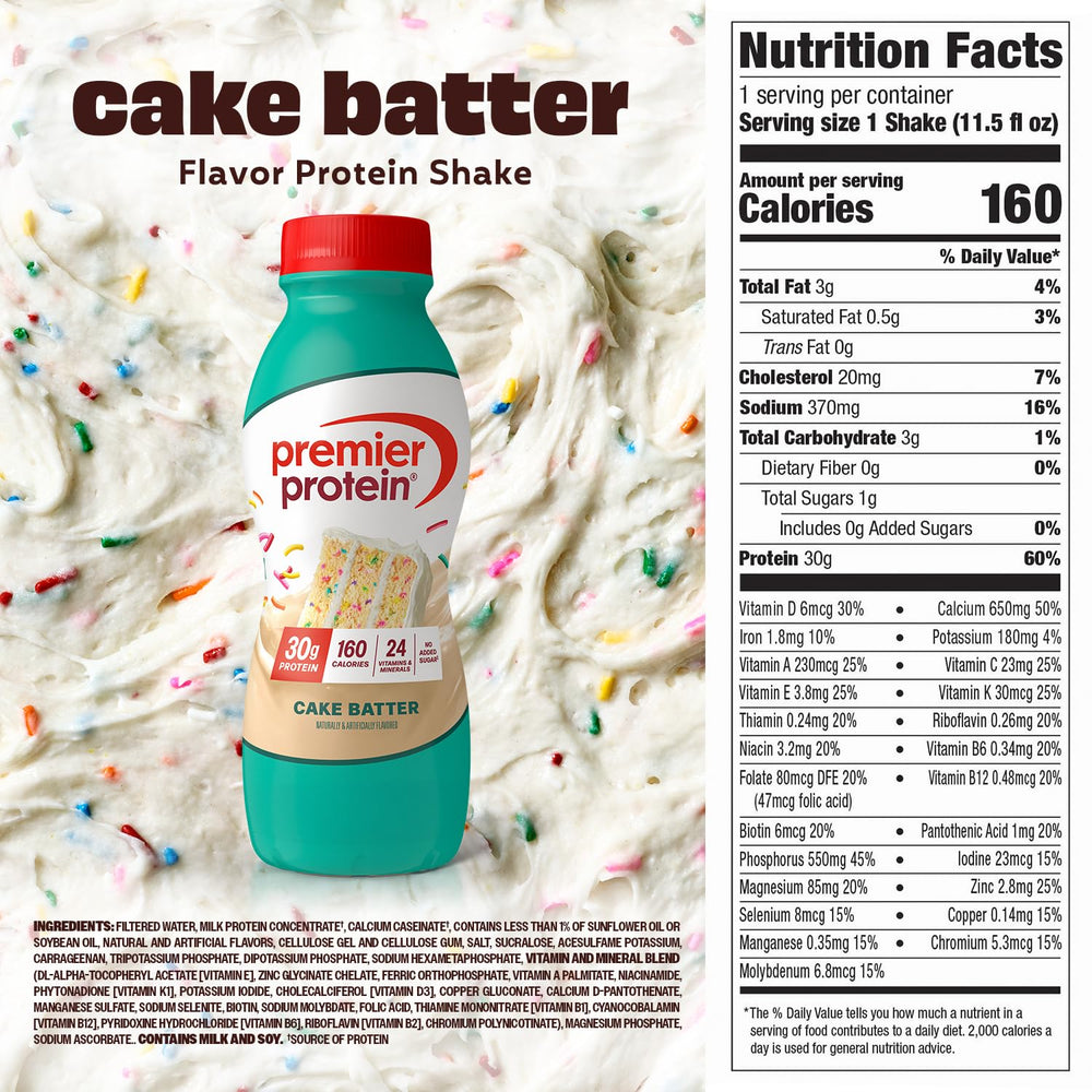 Premier Protein Shake Cake Batter poured over cereal or oats for protein-rich breakfast