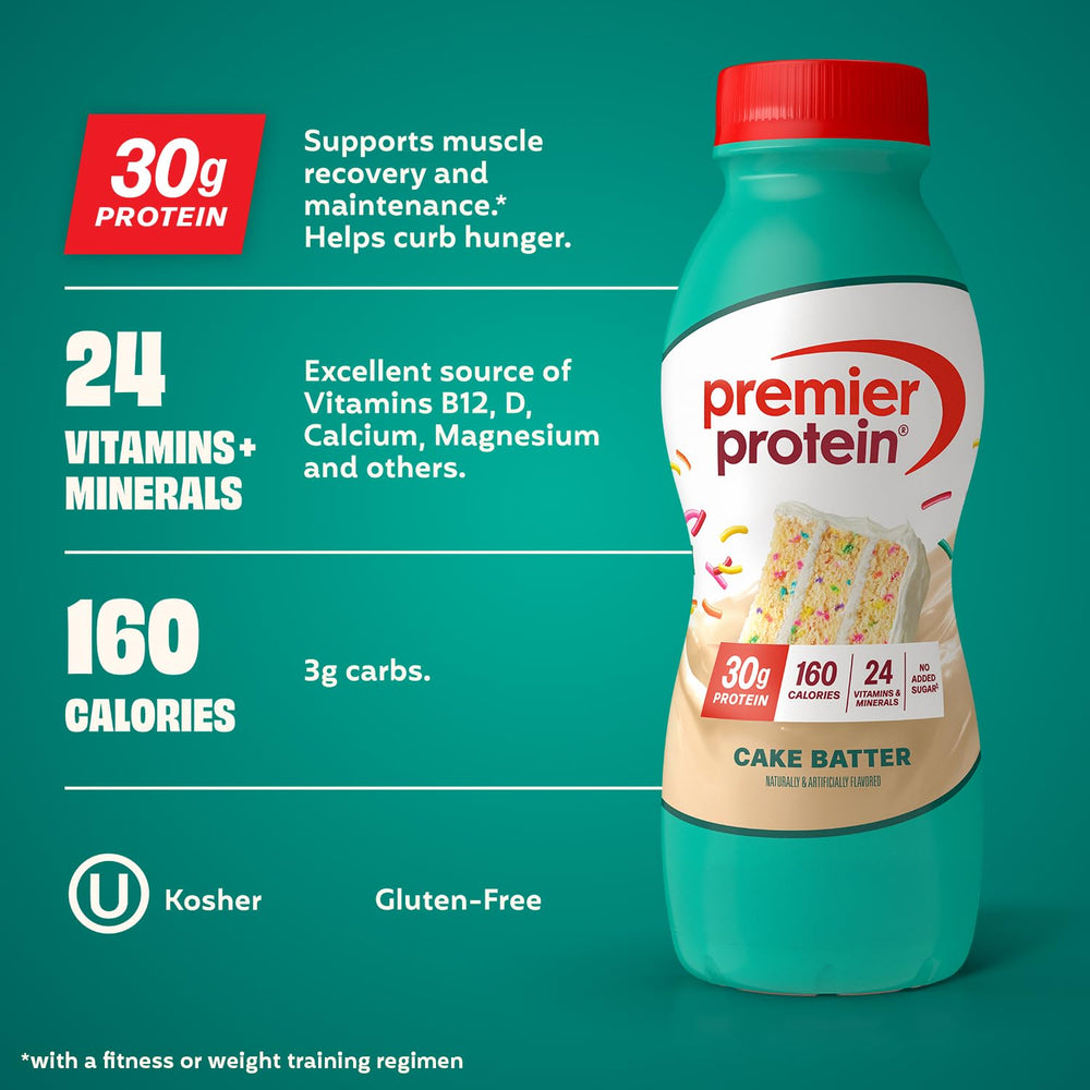 Premier Protein Shake Cake Batter is being poured into a glass for quick energy