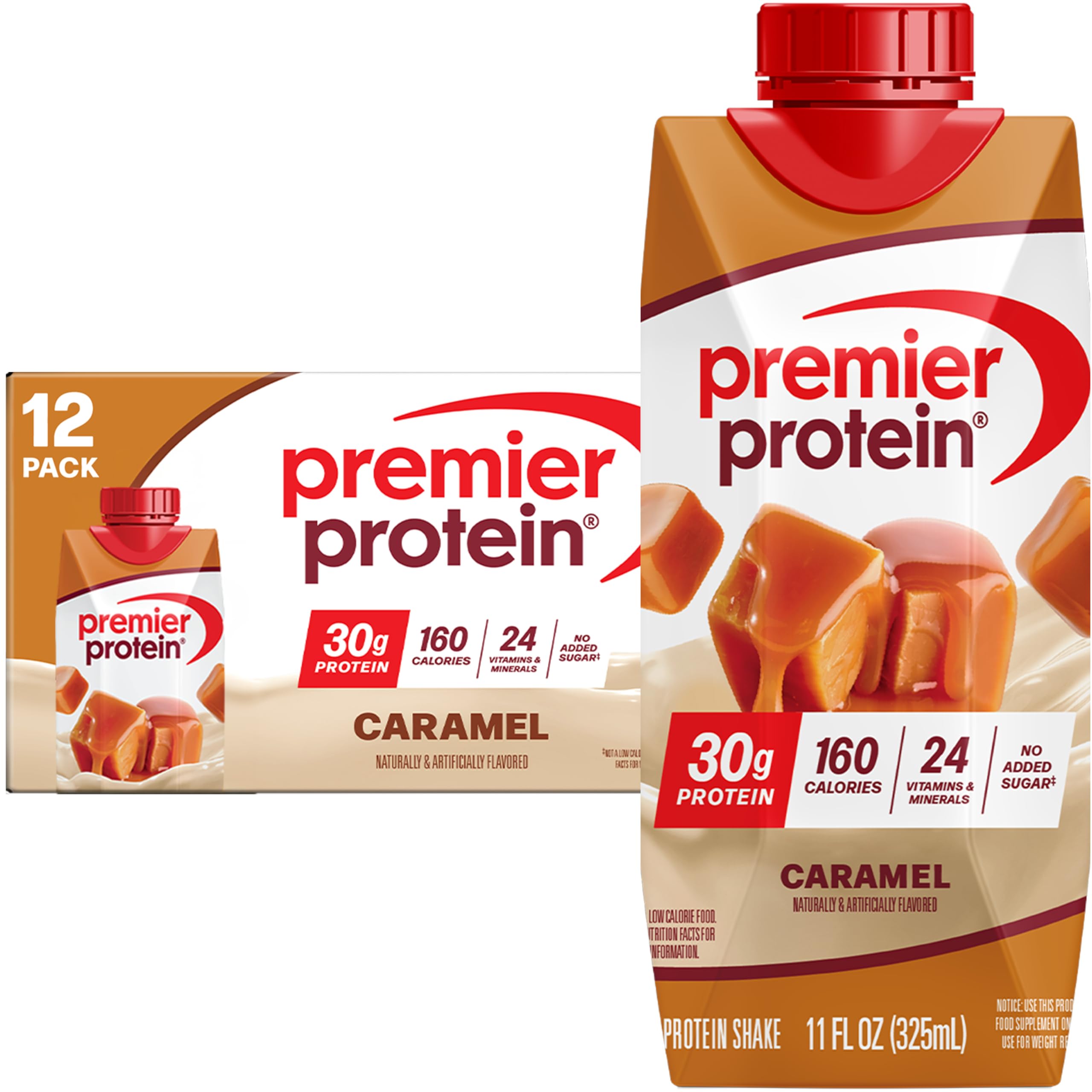 Premier Protein Caramel shake bottle front for on-the-go protein