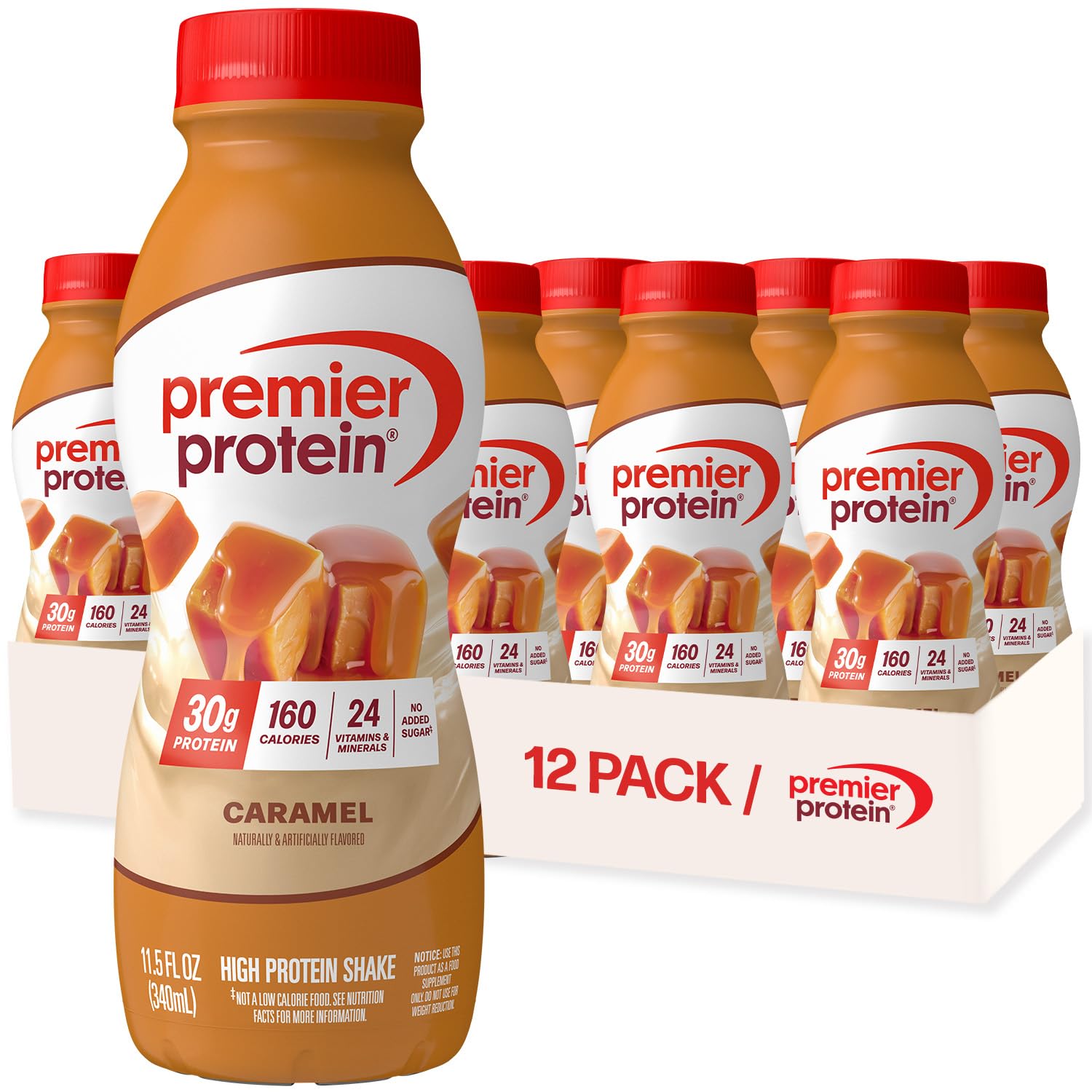 Premier Protein Shake Caramel bottle showing 30 g protein per serving for on the go.