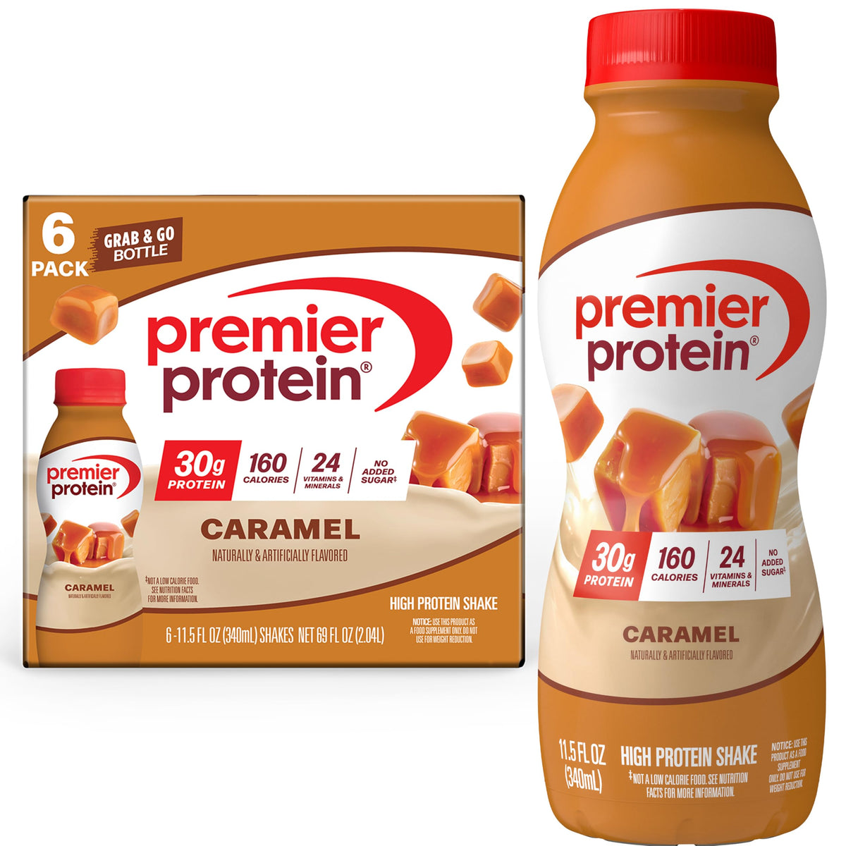Premier Protein Shake Caramel bottle showing 30g protein per serving for muscle support.