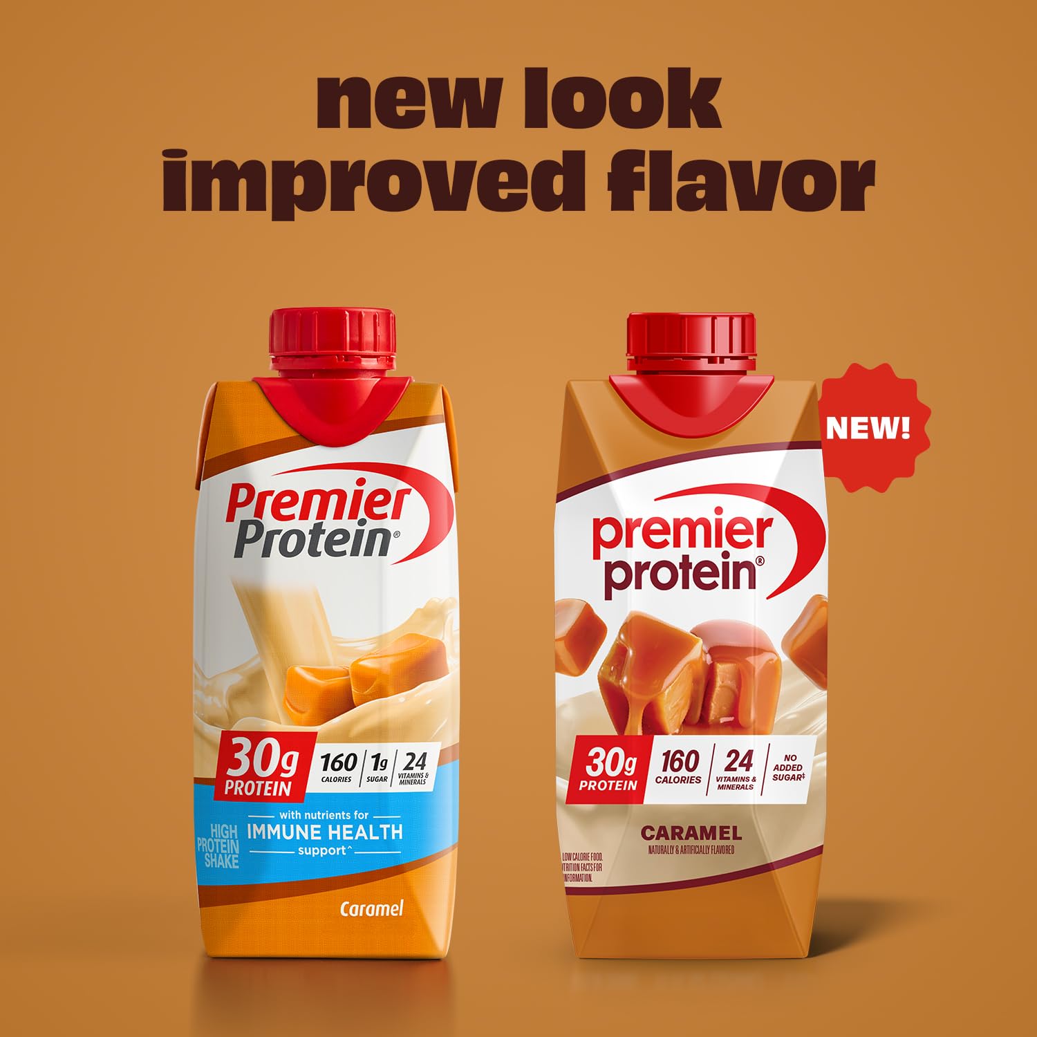 Creamy Premier Protein Caramel shake close-up with caramel swirl