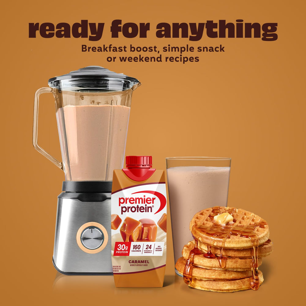 Premier Protein Caramel shake poured over oats for a creamy breakfast
