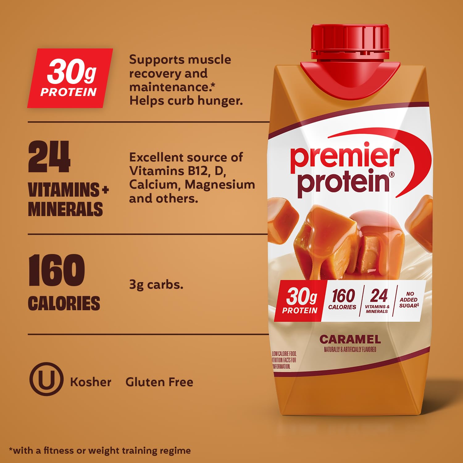 Premier Protein Caramel shake packaging box and display