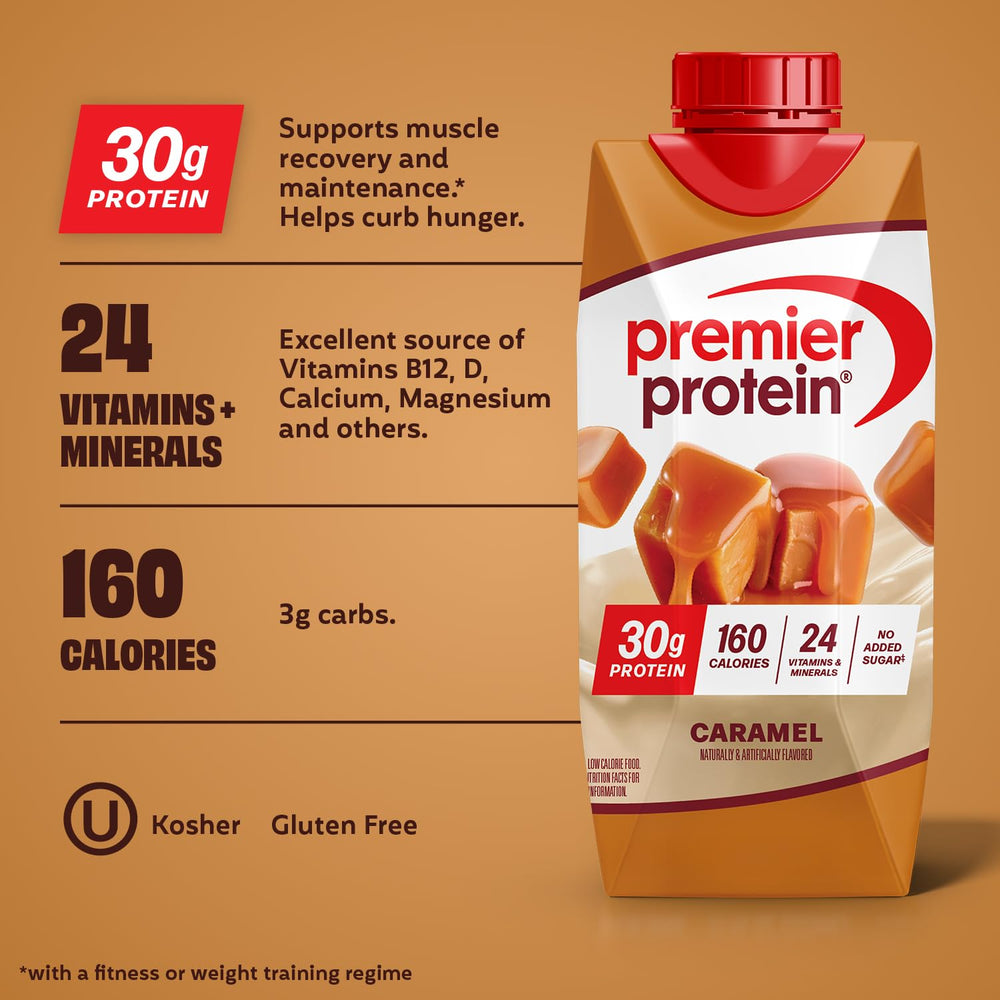 Premier Protein Caramel shake packaging box and display