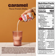 Premier Protein Caramel shake being poured into a glass for a quick snack
