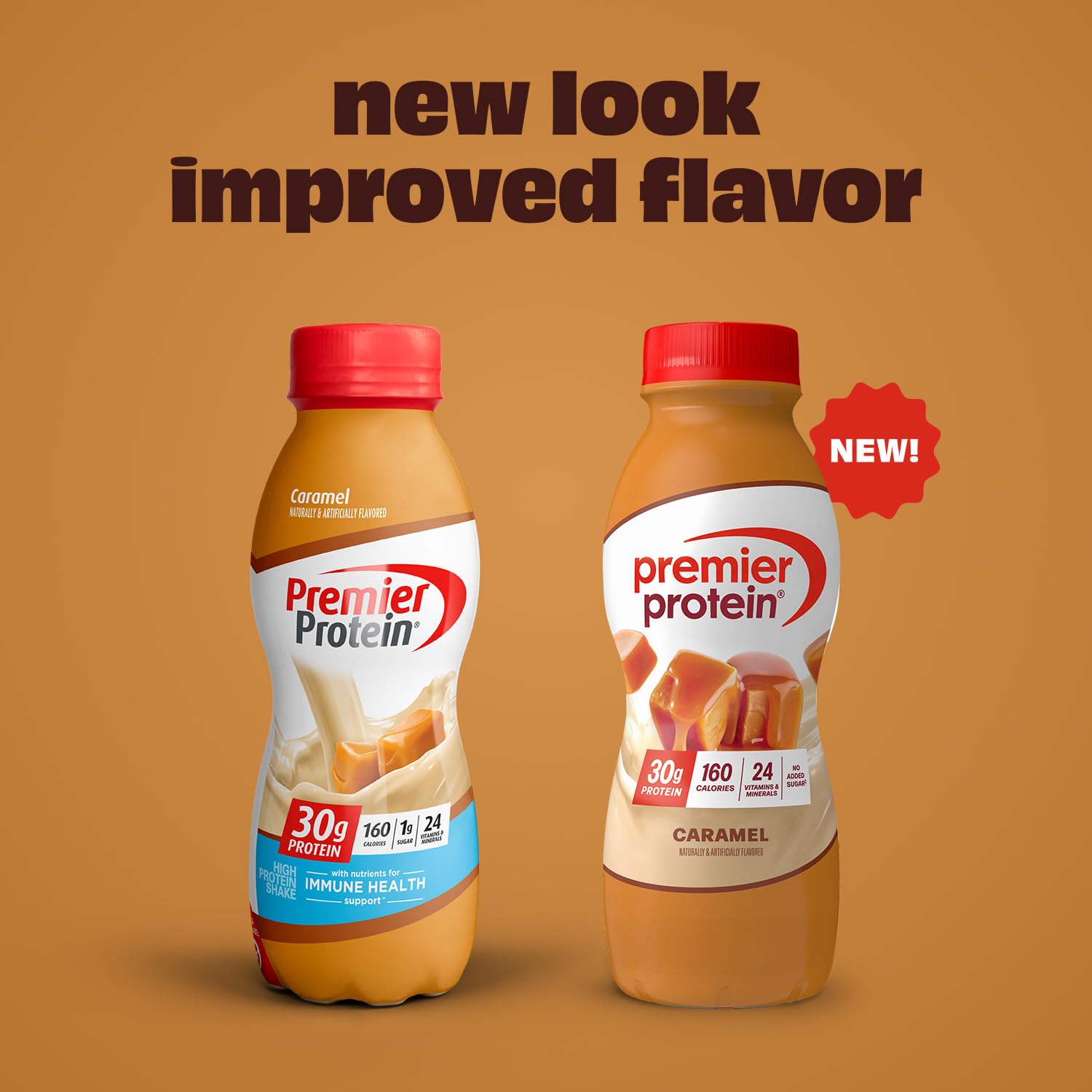 Premier Protein Shake Caramel being poured to show smooth texture and rich color.