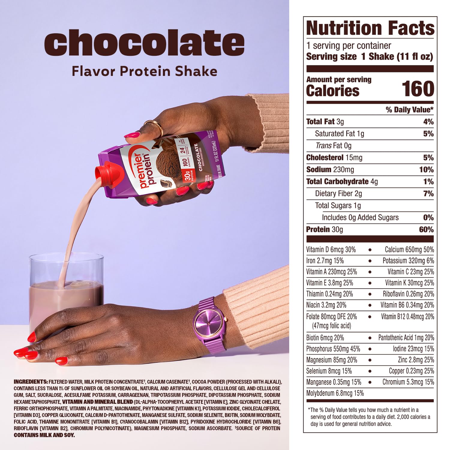 Premier Protein Chocolate Shake poured into a glass for an on-the-go breakfast.