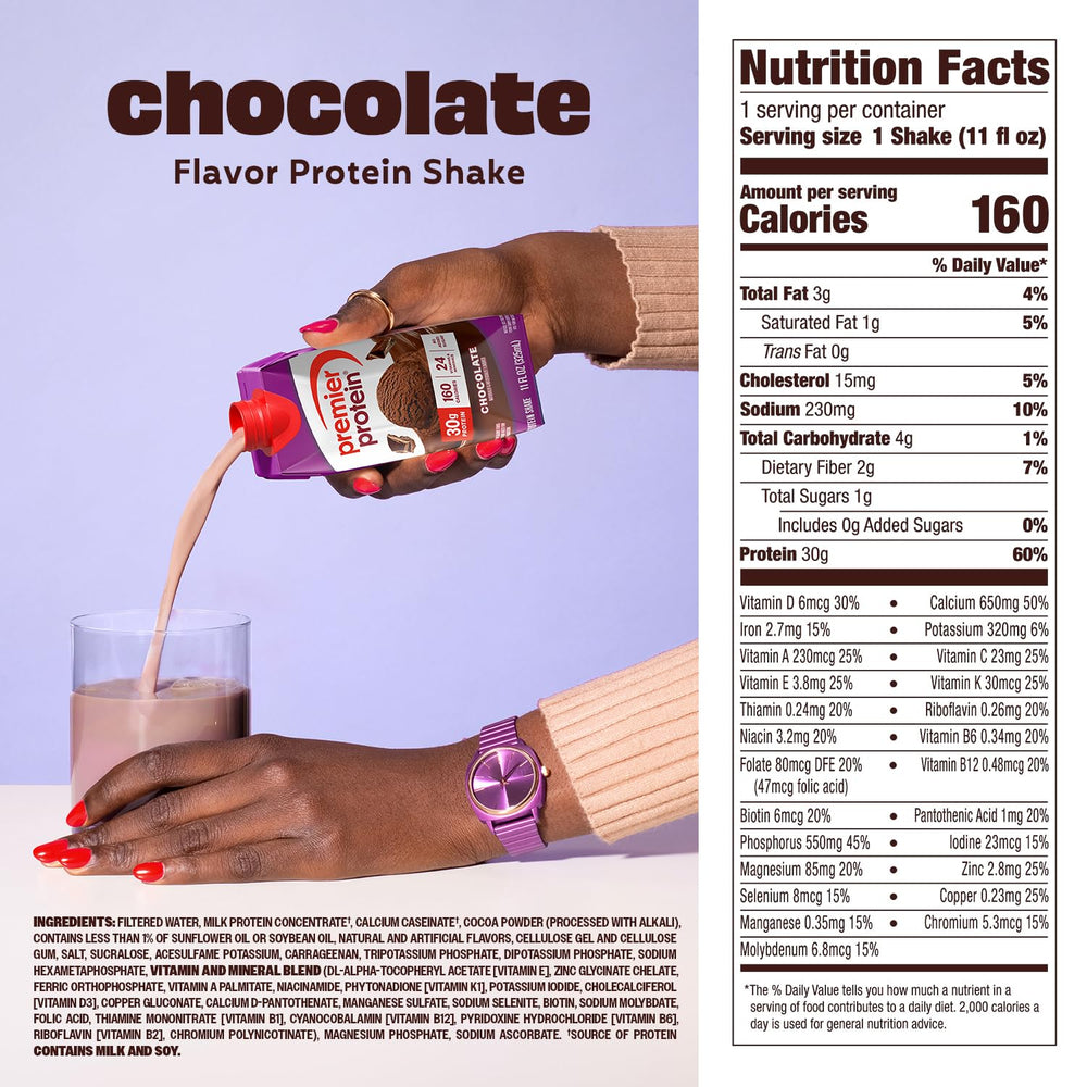 Premier Protein Chocolate Shake poured into a glass for an on-the-go breakfast.