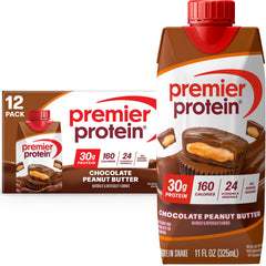 Premier Protein Shake Chocolate Peanut Butter bottle pour, convenient 30g protein boost