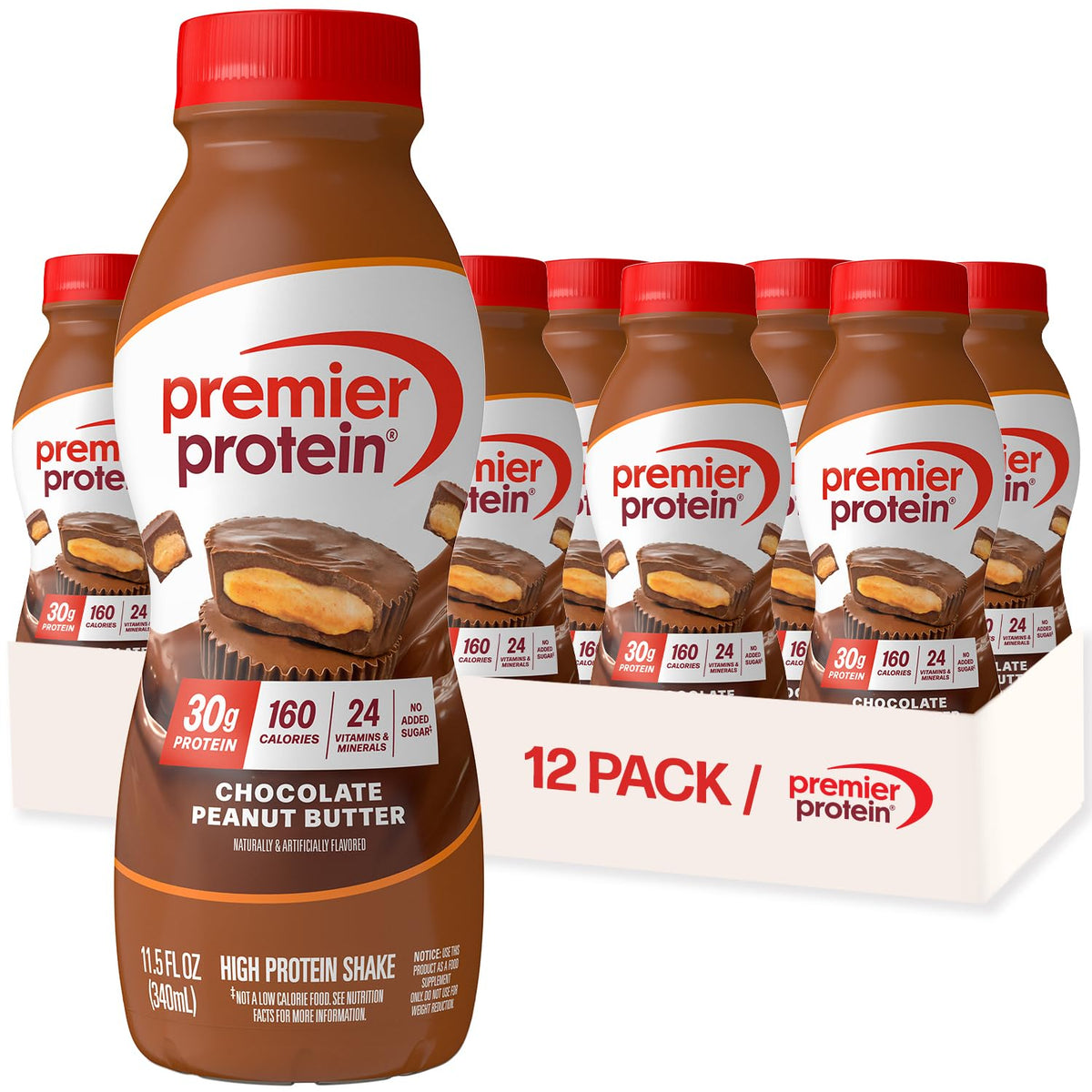 Premier Protein Shake Chocolate Peanut Butter bottle with 30g protein per serving.