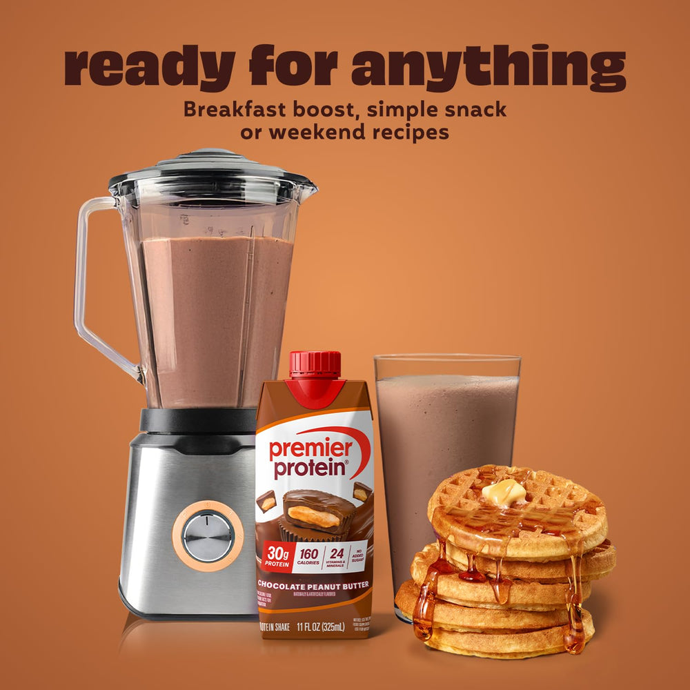 Premier Protein Shake Chocolate Peanut Butter in fridge, ready daily protein