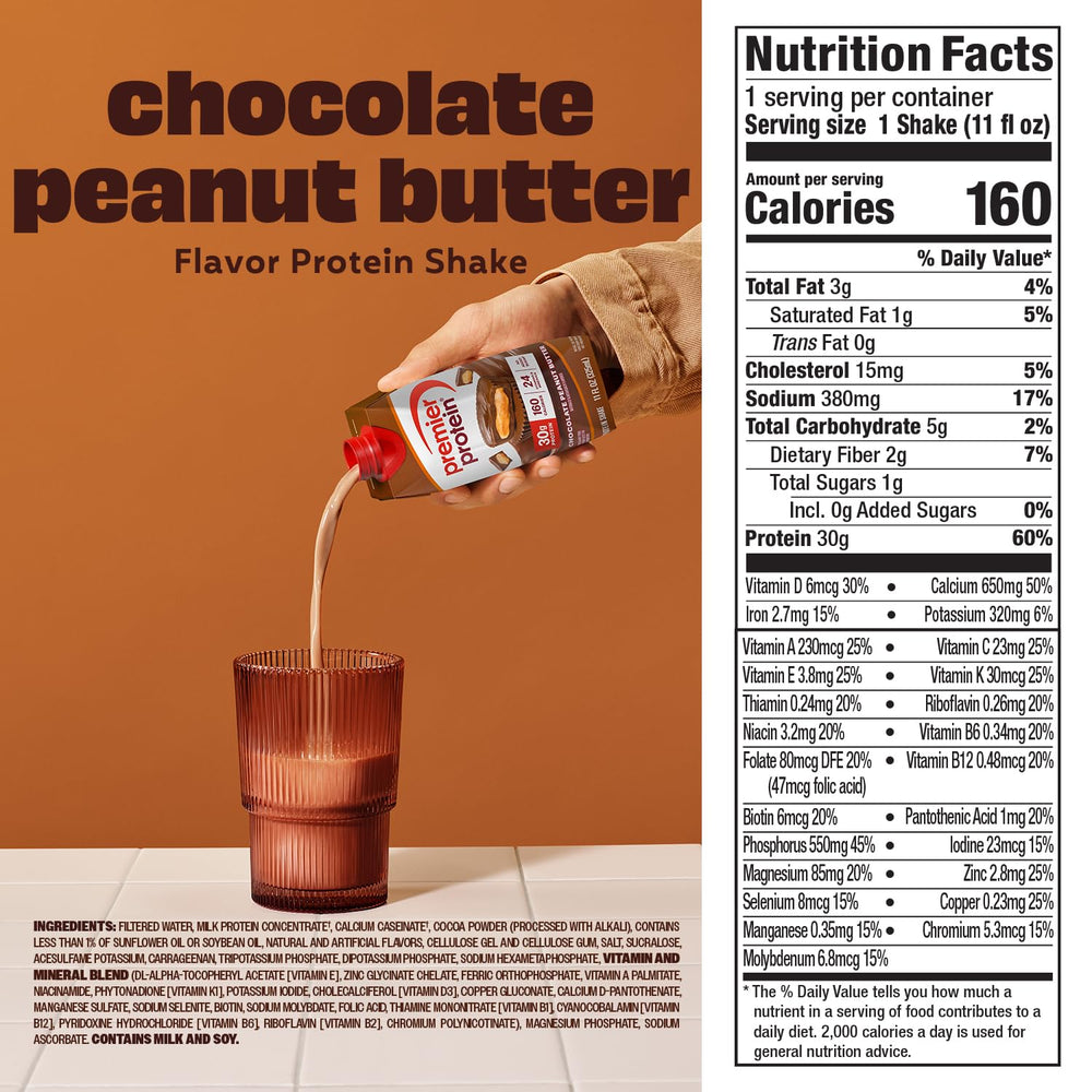 Premier Protein Shake Chocolate Peanut Butter glass with shake, great post-workout fuel