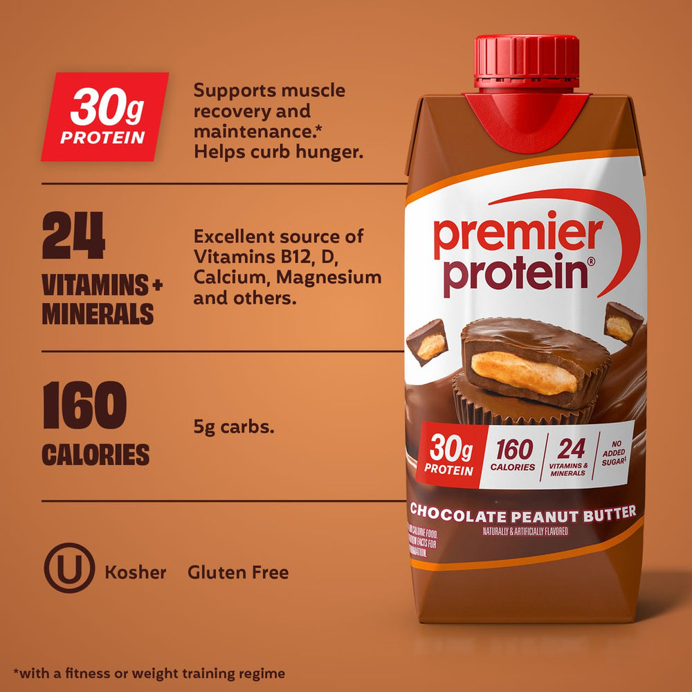 Premier Protein Shake Chocolate Peanut Butter nutrition label highlights 24 vitamins and minerals