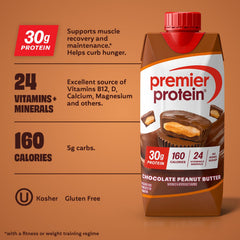 Premier Protein Shake Chocolate Peanut Butter nutrition label highlights 24 vitamins and minerals