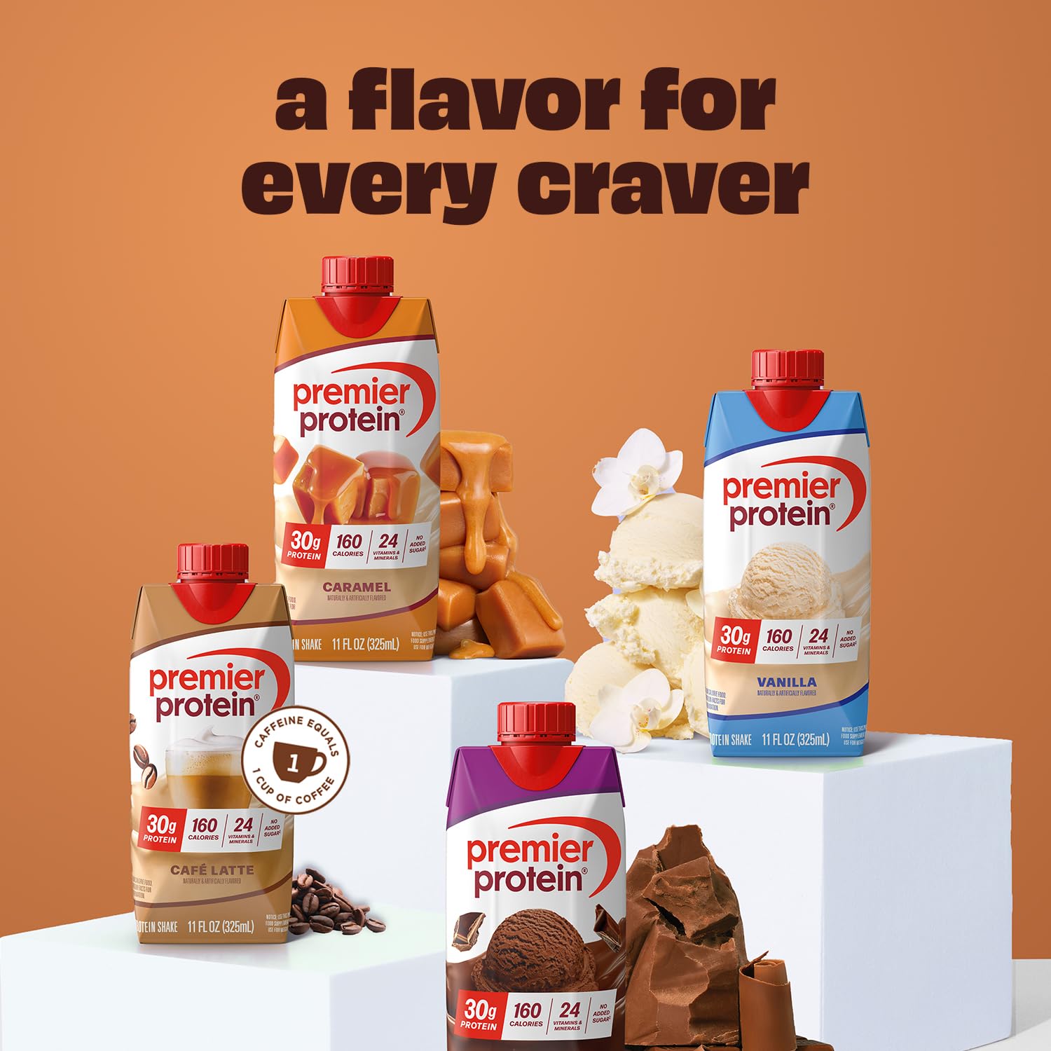 Premier Protein Shake Chocolate Peanut Butter packaging communicates variety and value.