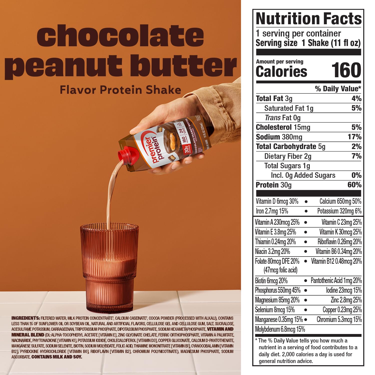 Premier Protein Shake Chocolate Peanut Butter pour highlights rich flavor and low sugar.