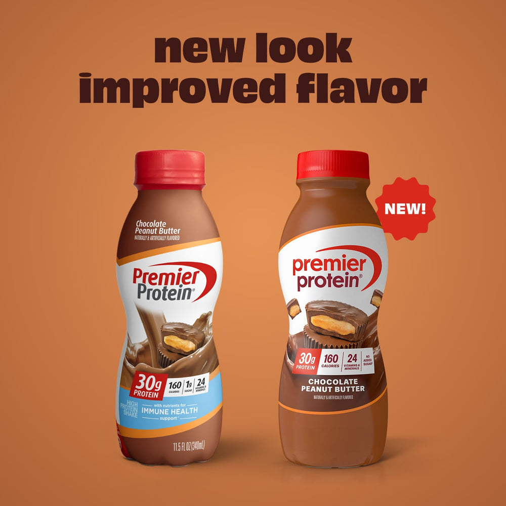 Pouring Premier Protein Shake Chocolate Peanut Butter into a glass for a quick boost.