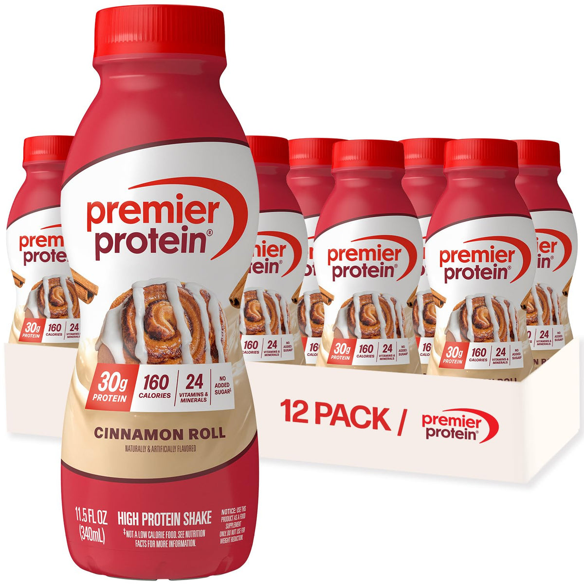 Premier Protein Shake Cinnamon Roll bottle showcasing 30g protein for post-workout support.
