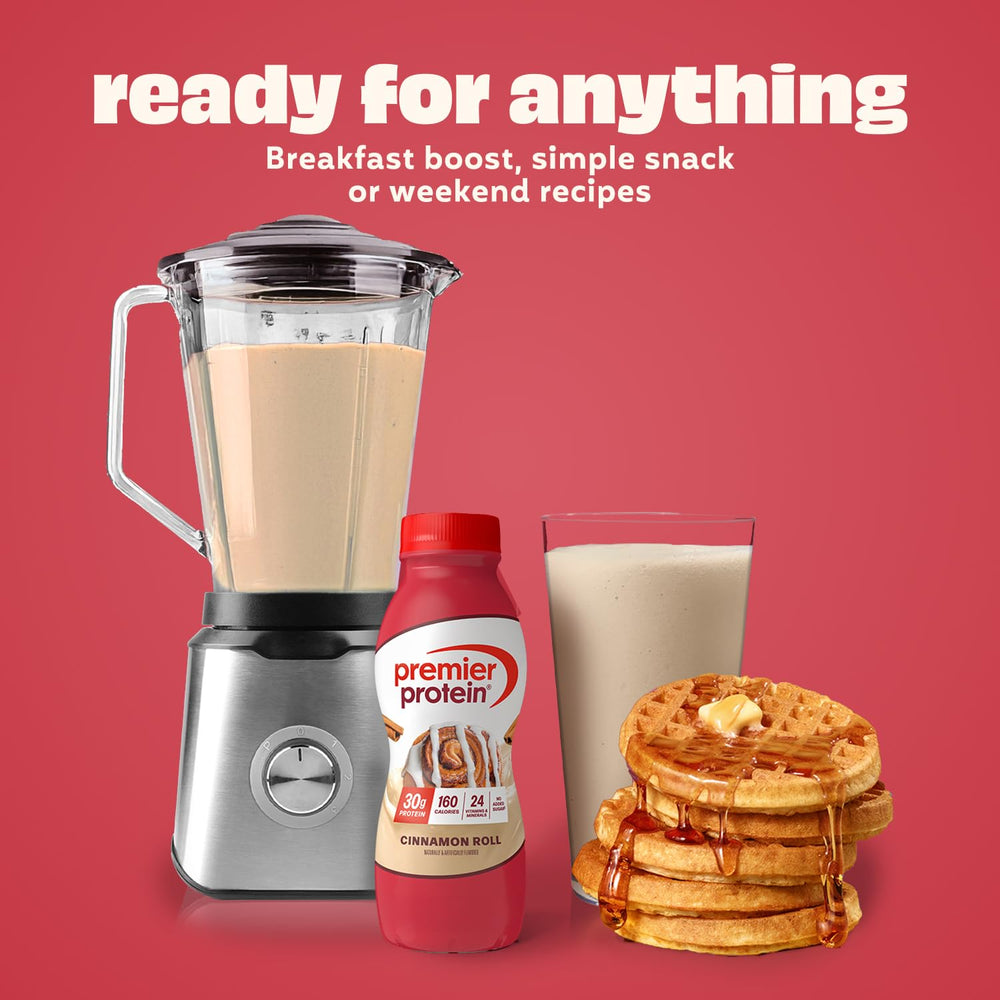 Premier Protein Shake Cinnamon Roll nutrition panel highlights 24 vitamins and minerals.