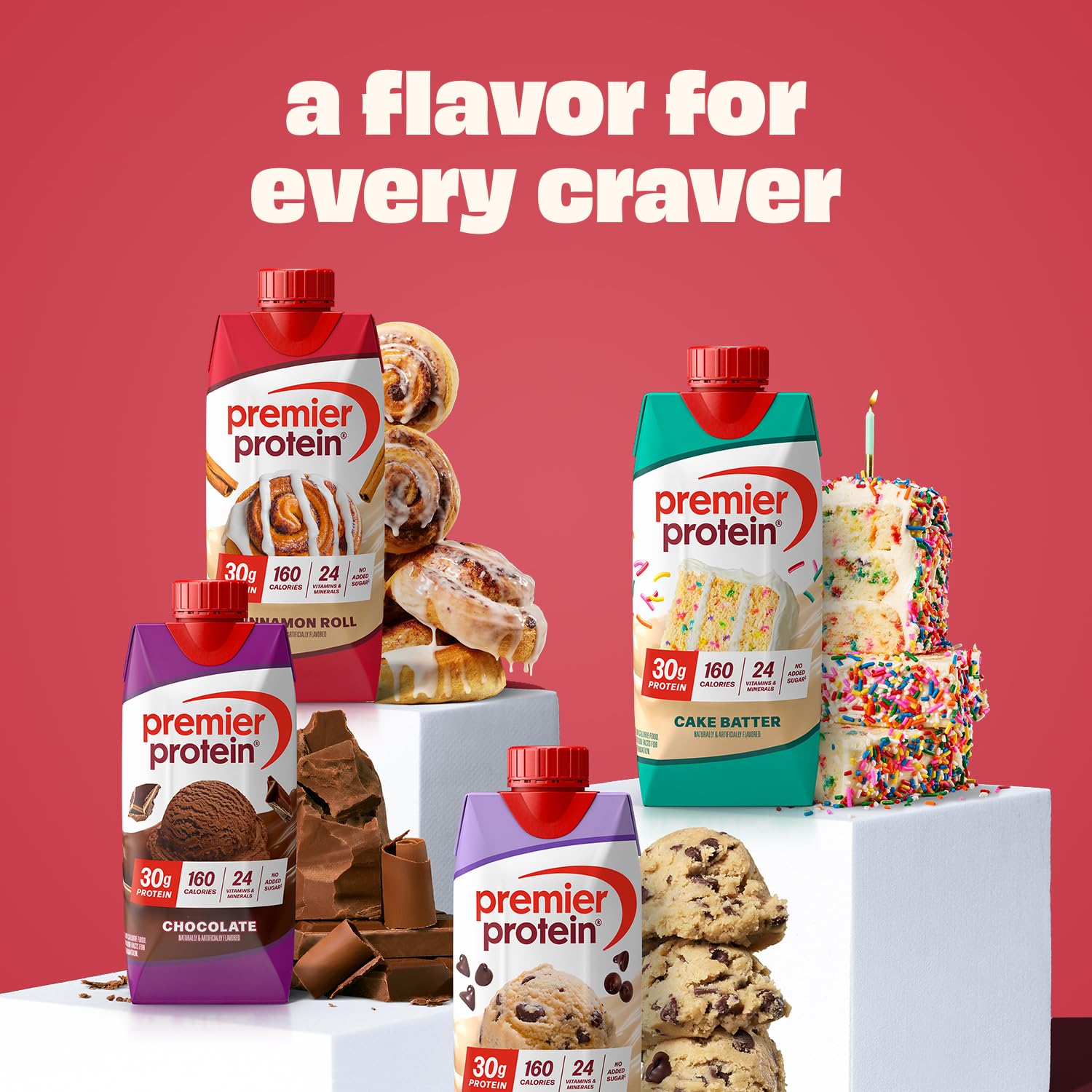 Premier Protein Shake Cinnamon Roll packaging displaying a 4-pack value.