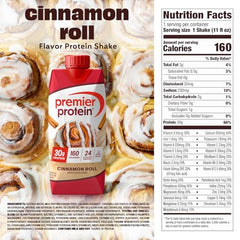Premier Protein Shake Cinnamon Roll being poured, a ready-to-drink option for on the go.