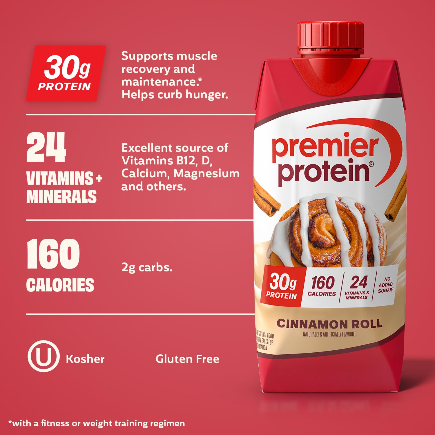 Premier Protein Shake Cinnamon Roll used as a smoothie base with fruit for a protein boost.