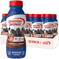 Premier Protein Cookies & Cream shake bottle showing 30g protein for on-the-go fueling