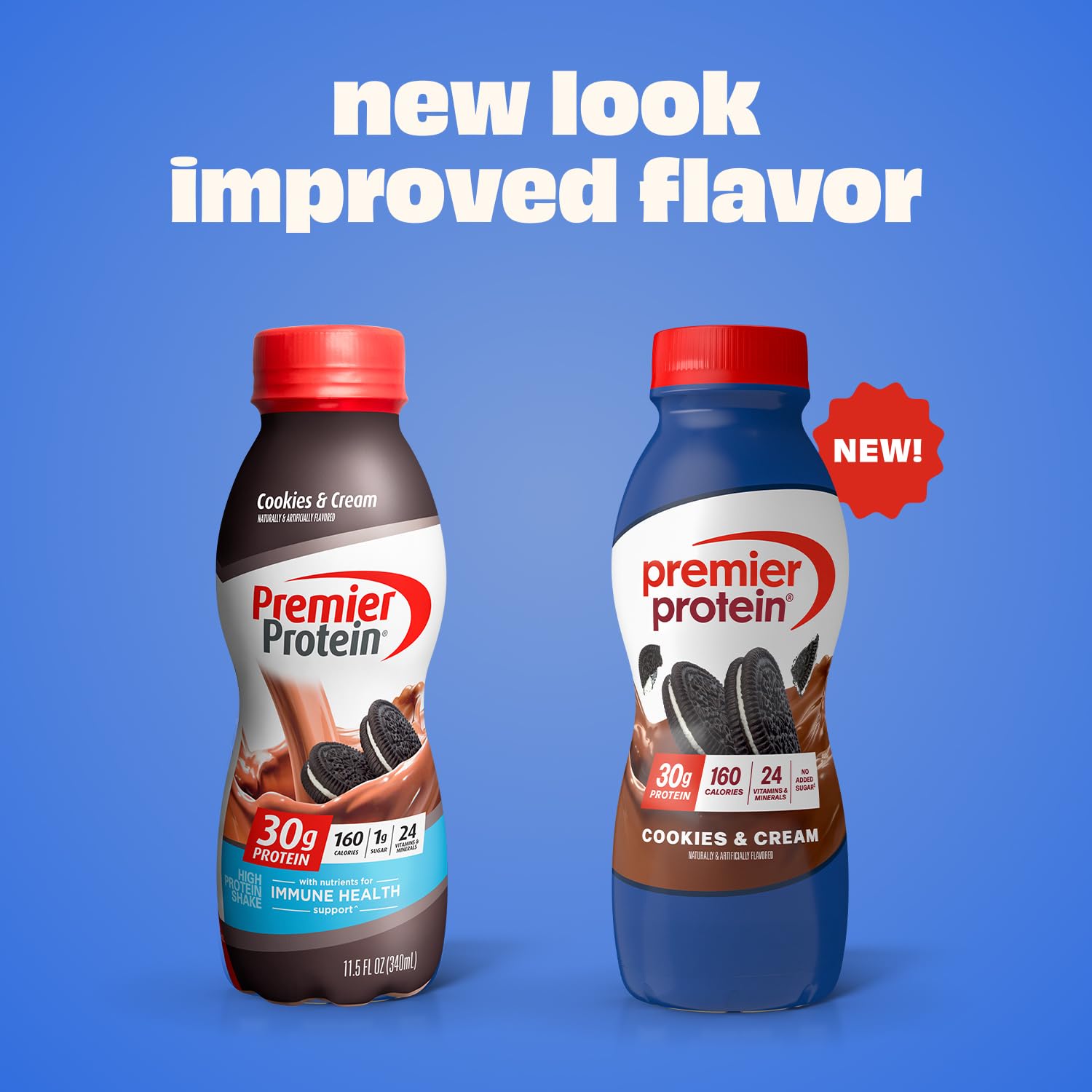 Pouring Premier Protein Cookies & Cream shows creamy texture ideal for quick meals
