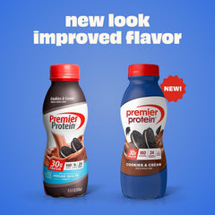 Pouring Premier Protein Cookies & Cream shows creamy texture ideal for quick meals